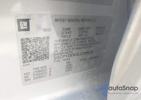 2020 Chevrolet Silverado 1500 4Wd Short Bed Lt z USA, uszkodzony, nr VIN 1GCPYDEK0LZ299529